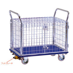 上蓋付観音扉五面囲い網かごスチール台車(フットブレーキ付) 品番　M198K307KL-ST