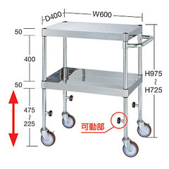 ステンレスワゴン下部昇降タイプ（600×400×725～975）ナイロンウレタン車／品番 　M350SP4-PW6072S-NU