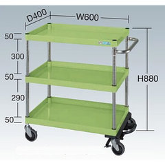 中量フットブレーキ付ワゴン台車（600×400×880）グリーン/φ100ゴム車／品番　M350SP-06083BRS